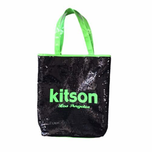 Kitson LA Los Angeles Black Fluorescent Green Sequin Tote Bag Shopper Bag - $21.29
