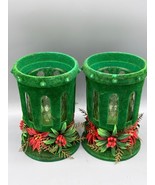 Vtg Candle Holders Flocked Green Holiday Glass Inserts Christmas Decor - $454.55 MXN