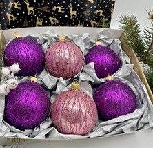 Set of pink and purple Christmas glass balls, hand painted ornaments with box - £42.02 GBP