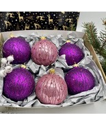 Set of pink and purple Christmas glass balls, hand painted ornaments wit... - £42.03 GBP