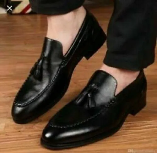 Men&#39;s Handmade Black Color Tassel Slip Ons Loafer Genuine Leather Handma... - £125.54 GBP