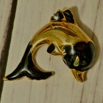 vintage gold black enamel dolphin pin brooch green rhinestone eye - £7.75 GBP