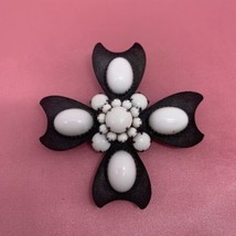 Vintage Signed Jeanne 2-3/4 X 3&quot; Black Metal Milk Glass Stone Brooch Cabochon - £37.92 GBP