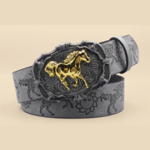Western Cowboy PU Leather Belt Gray – Horse Carved Buckle &amp; Bohemian Pri... - $16.88
