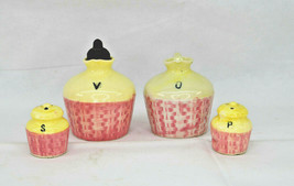 Vintage Yellow &amp; Pink Oil, Vinegar Figural Salt And Pepper Shakers Set J... - £19.94 GBP