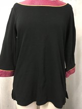 Quacker Factory Women&#39;s Top Black Stretch 3/4 Sleeve Pink Sequin Detail ... - $23.51
