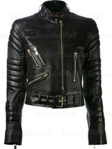 New Woman&#39;s Motorcycle Black Quilted Zippered Genuine Cowhide Leather Ja... - $157.17+