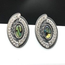 NURI Signed Inlaid Abalone Crystal and Leaves Evil Eye Design Pewter Stud Earrin - £48.72 GBP