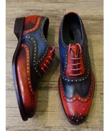 NEW Handmade Mens Black Tan Shoes, Wing Tip Lace Up Shoe, Men&#39;s Leather ... - $143.99