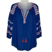 LOFT dark blue w/white &amp; red embroidery tassel boho blouse | women&#39;s size small - £13.92 GBP
