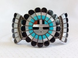 Native American Sterling Silver Jd Massie Zuni Sun Face Cuff Bracelet - £239.76 GBP