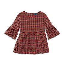 NWT Girls Size 16 Polo Ralph Lauren Poplin Plaid Bell-Sleeve Blouse Top - £14.87 GBP