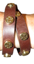 TORY BURCH Brown Leather Gold Tone Logo Studded Double Wrap Bracelet Made In USA - £47.04 GBP