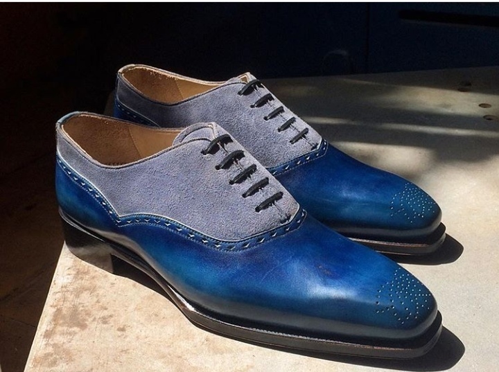 Handmade Brogue Leather Suede Men's Shoes, Men's Lace Up Blue Gray Stylish Shoes