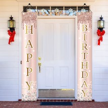 Pink Rose Gold Happy Birthday Door Banner Decorations, Birthday Party Porch Sign - £17.15 GBP