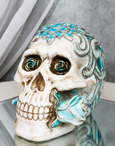 Gothic Day of The Dead Turquoise Rose Vine Tooled Floral Sugar Skull Figurine - £22.36 GBP