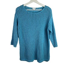 J Jill Women’s M Sweater Open Knit Aegeon Pullover Scoop Neck 3/4 Sleeve Teal - $18.67