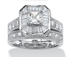 Princess Cut Octagon Bridal 2 Ring Set Platinum Sterling Silver 6 7 8 9 10 - £241.10 GBP