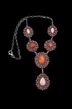Navajo Sterling Silver Pink Conch Shell Red Spiny Oyster Cluster Bib Necklace - £649.56 GBP