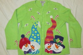 Tiara Sweater XL light green button down cardigan snowmen candy sequins gems - £9.06 GBP