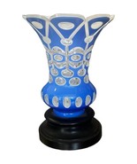 Blue Cut To Clear Art Glass Vase Deco Wooden Base Unsigned Heavy European 9-1/2" - $245.52