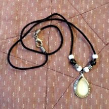 White 1" Teardrop Pendant Necklace on 19" Black Cord Beaded Accents Jewelry - £10.20 GBP