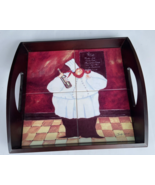 Wooden Serving Tray With Handles &amp; Tile Inlay with Chef/Wine Bottle - €30,14 EUR