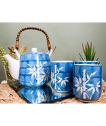 China Winter Lucky Bamboo Design Porcelain Blue 20oz Tea Pot and 4 Cups Set - $50.59 CAD