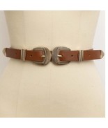 Double Buckle Vegan Leather Western Style Belt Camel Brown - $33.96 CAD