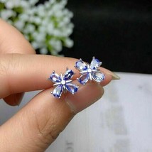 2.2Ct Simulated Blue Tanzanite Flower Stud Earrings 14k White Gold Plated Silver - £78.88 GBP