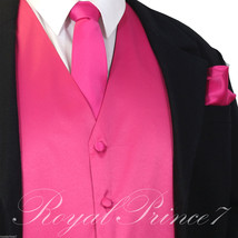 Fuchsia Pink Tuxedo Suit Vest Waistcoat and Neck tie Hanky Set Prom Wedding - £17.65 GBP+