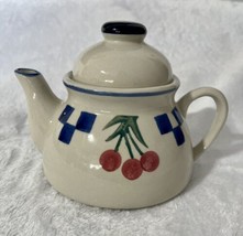 Vintage Teapot ~ Hand Painted Blue/White Checkered with Cherries ~ Ceramic - £22.15 GBP