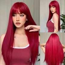 Light Wine Red Synthetic Wigs With Bangs for Women Long Straight Hair Wig Natura - £44.70 GBP