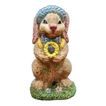 bunny figurine blue straw hat sun flower wood basket egg holder vintage Easter - £6.07 GBP