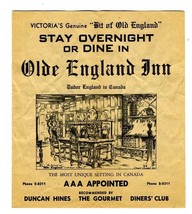 Olde England Inn Brochure Victoria British Columbia 1950&#39;s - £19.76 GBP