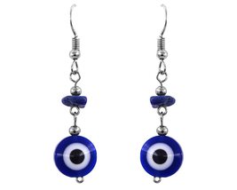 Blue Evil Eye Nazar Bead Chip Stone Dangle Earrings - Womens Handmade Jewelry Bo - £11.86 GBP