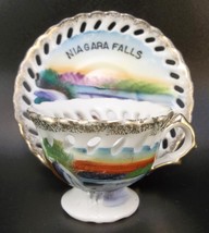 Niagara Falls Tiny Demitasse Tea Cup Saucer Reticulated Porcelain Souvenir - £7.88 GBP