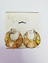 Erica Lyons Gold Tone Hoop Earrings 1.25 Inch White Yellow Rock Chips Saddleback - £11.59 GBP