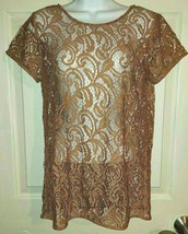LOFT by Ann Taylor Cinnamon Color Lace Short Sleeve Overlay Topper Size Small - £7.52 GBP