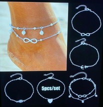 5Pcs Sexy Silver Retro Pearl Heart Infinity Anklets Anklet Bracelet Set - £14.82 GBP