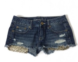 American Eagle Booty Shorts Jean Cut Off Frayed Distressed Gold Sequin S... - £14.93 GBP