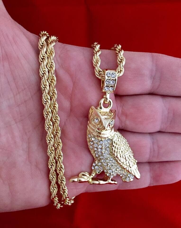 Primary image for Hip Hop Iced Bling CZ 14K Gold Plated Owl Pendant with Rope Chain Necklace 30"