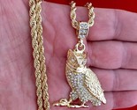 Hip Hop Iced Bling CZ 14K Gold Plated Owl Pendant with Rope Chain Neckla... - $10.88