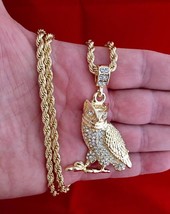 Hip Hop Iced Bling CZ 14K Gold Plated Owl Pendant with Rope Chain Necklace 30&quot; - £8.75 GBP