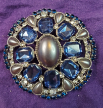 Monet Pin Blue Rhinestones Gray Pearls Round Pin Vintage Estate 2 in. - £18.90 GBP