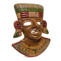 Vintage Maya Aztec Inca Brown Pottery Clay Warrior Plaque Mask Red Green Large - £27.67 GBP