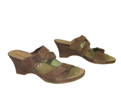 Gabor Sandals Womens Size 7.5 Slide Triple Strap Brown Faux Leather Wedg... - $12.86