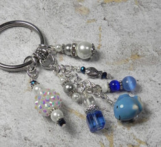 Fish Beach Theme Crystal Glass Beaded Handmade Keychain Split Key Ring Blue - £14.49 GBP