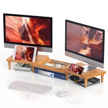 Bamboo Dual Monitor Stand Riser For Desk Organizer, Adjustable Length And Angle  - £67.92 GBP