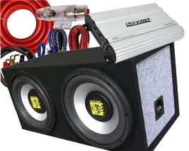 Audiotek AT210WS Dual 10&quot; 1400WX2 Box w/Subwoofer Audiobank 2000W Amplifier +Kit - £226.20 GBP